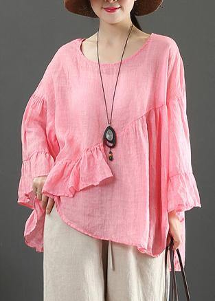 Art pink linen tops o neck Ruffles silhouette summer blouses