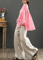 Art pink linen tops o neck Ruffles silhouette summer blouses