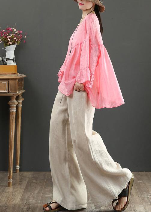 Art pink linen tops o neck Ruffles silhouette summer blouses
