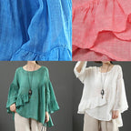 Art pink linen tops o neck Ruffles silhouette summer blouses