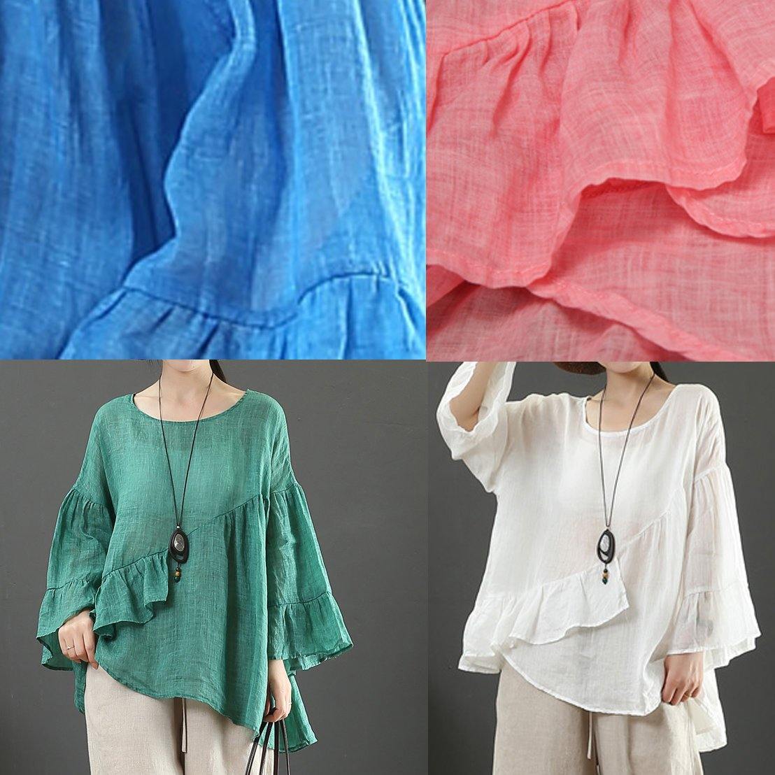 Art pink linen tops o neck Ruffles silhouette summer blouses