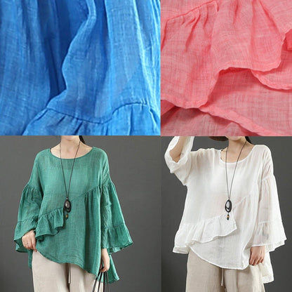 Art pink linen tops o neck Ruffles silhouette summer blouses