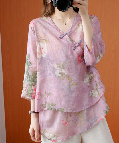 Art purple print shirts women v neck asymmetric Knee summer shirts