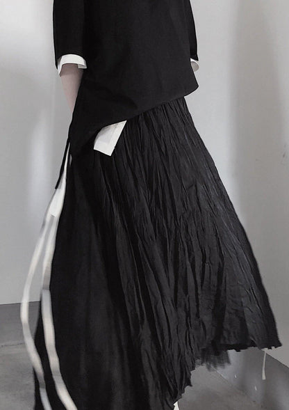 BLACK PLEATED Double Layer Design With Elastic Waist Skirt On Both Sides