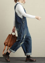 Baggy Navy Pockets Patchwork Denim Jumpsuits Spring