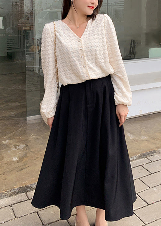 Beautiful Apricot V Neck Lace Tops And Skirts Patchwork Two Pieces Set Fall