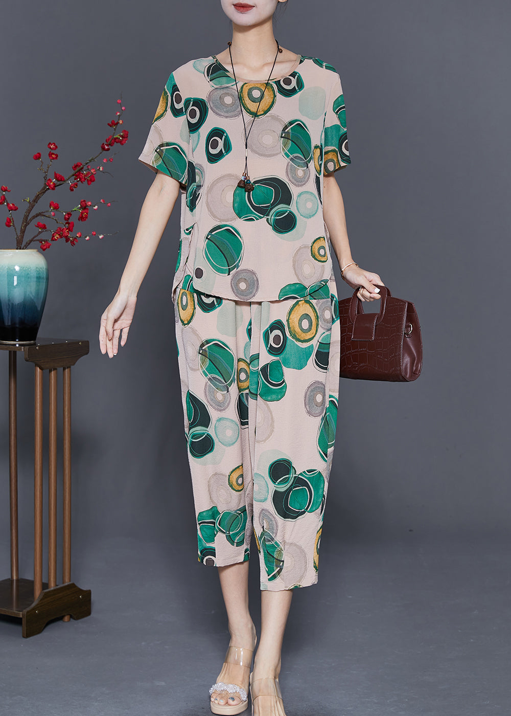 Beautiful Beige O-Neck Side Open Linen Two-Piece Set Summer