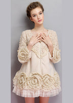 Beautiful Beige O-Neck Tulle Patchwork Applique Mink Velvet Coats Spring