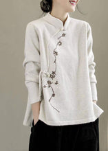 Load image into Gallery viewer, Beautiful Beige Stand Collar Embroideried Chinese Style Knit Tops Spring