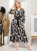 Beautiful Black Print Tie Waist Silk Party Maxi Dress Fall