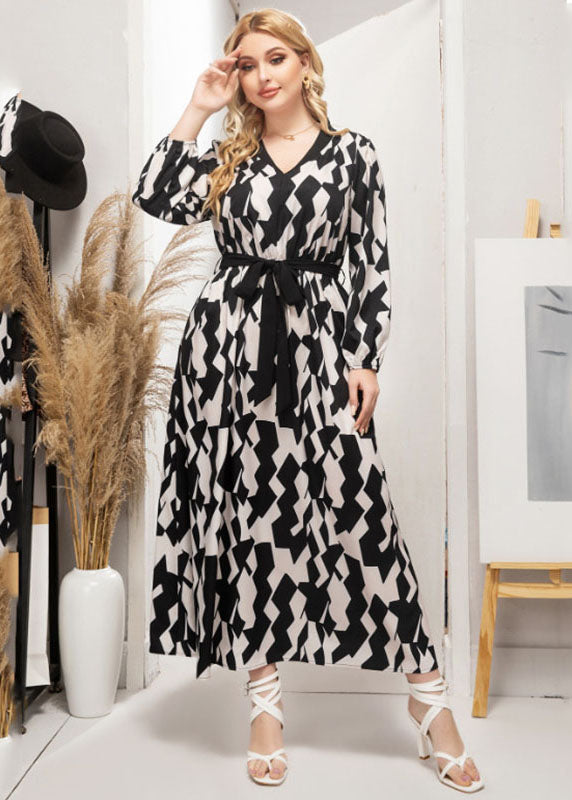 Beautiful Black Print Tie Waist Silk Party Maxi Dress Fall