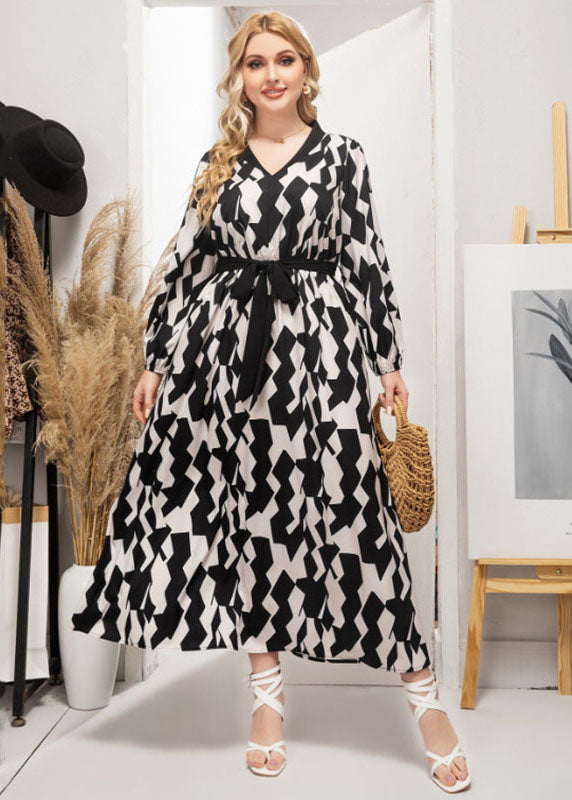 Beautiful Black Print Tie Waist Silk Party Maxi Dress Fall