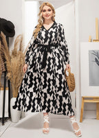 Beautiful Black Print Tie Waist Silk Party Maxi Dress Fall