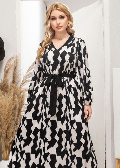 Beautiful Black Print Tie Waist Silk Party Maxi Dress Fall