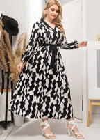 Beautiful Black Print Tie Waist Silk Party Maxi Dress Fall