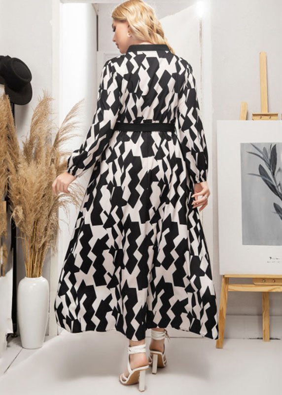 Beautiful Black Print Tie Waist Silk Party Maxi Dress Fall