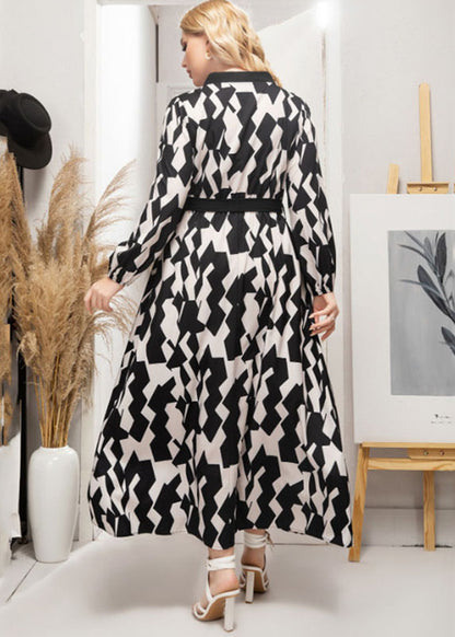 Beautiful Black Print Tie Waist Silk Party Maxi Dress Fall