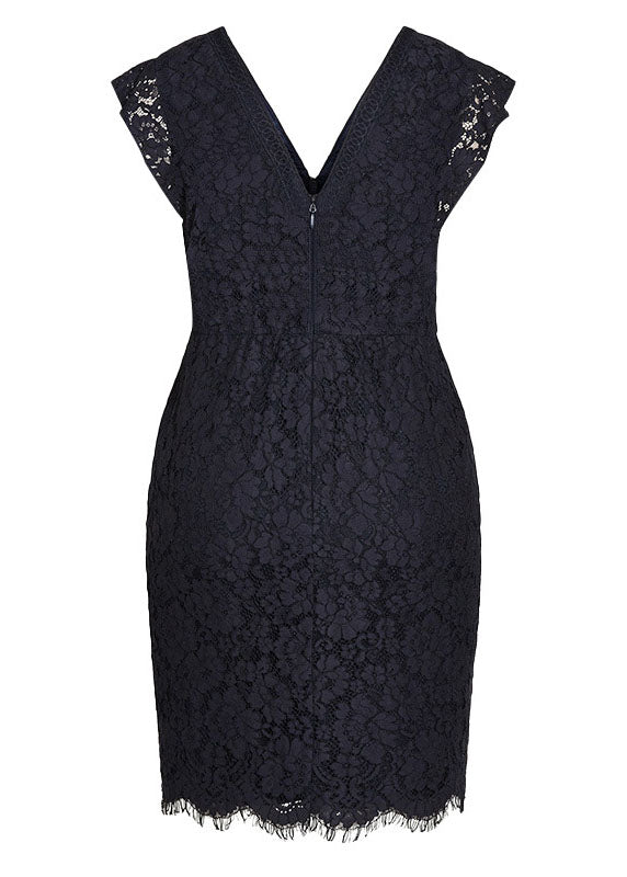 Beautiful Black V Neck High Waist Lace Mid Dresses Short Sleeve