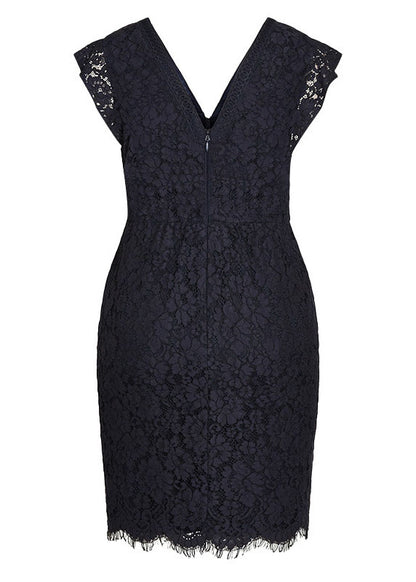 Beautiful Black V Neck High Waist Lace Mid Dresses Short Sleeve