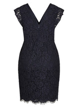 Load image into Gallery viewer, Beautiful Black V Neck High Waist Lace Mid Dresses Short Sleeve