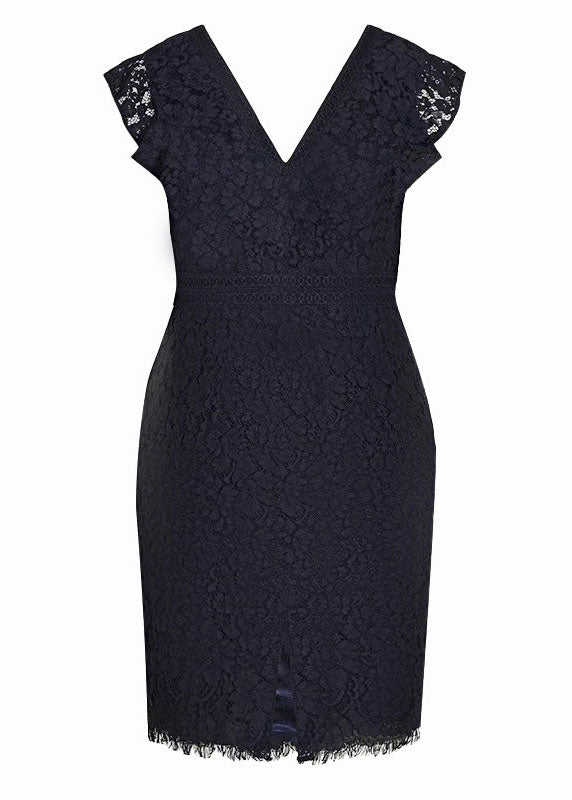 Beautiful Black V Neck High Waist Lace Mid Dresses Short Sleeve