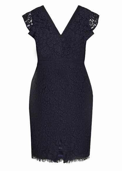 Beautiful Black V Neck High Waist Lace Mid Dresses Short Sleeve