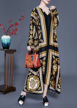 Load image into Gallery viewer, Beautiful Black V Neck Oversized Print Silk Ankle Dress Spring