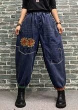 Load image into Gallery viewer, Beautiful Blue Embroideried Patchwork Elastic Waist Denim Crop Pants Spring