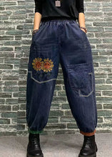 Load image into Gallery viewer, Beautiful Blue Embroideried Patchwork Elastic Waist Denim Crop Pants Spring