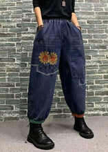 Load image into Gallery viewer, Beautiful Blue Embroideried Patchwork Elastic Waist Denim Crop Pants Spring