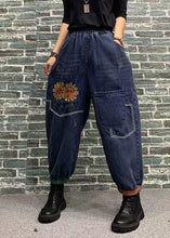 Load image into Gallery viewer, Beautiful Blue Embroideried Patchwork Elastic Waist Denim Crop Pants Spring
