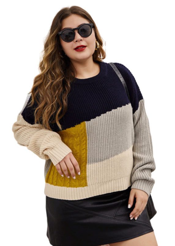 Beautiful Colorblock O-Neck Knit Sweaters Long Sleeve