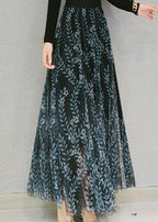 Beautiful Dull Green Print Elastic Waist Tulle Maxi Skirts Spring