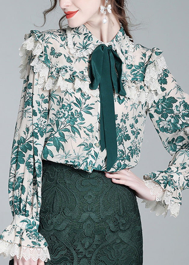 Beautiful Green Peter Pan Collar Print Button Silk Shirt Long Sleeve