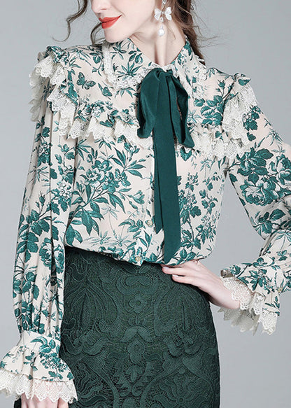 Beautiful Green Peter Pan Collar Print Button Silk Shirt Long Sleeve