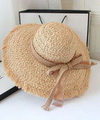 Beautiful Khaki Bow UPF 50+ Straw Woven Floppy Sun Hat