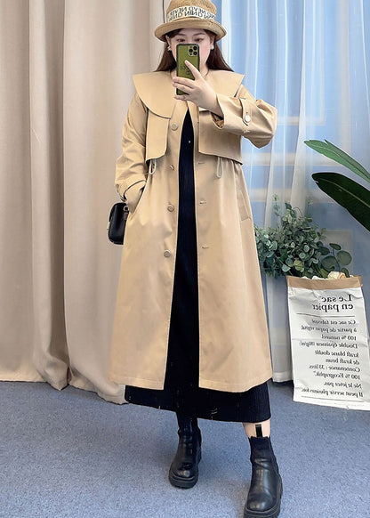 Beautiful Khaki Peter Pan Collar Drawstring Cotton Trench Fall
