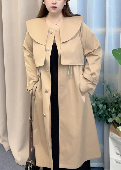 Beautiful Khaki Peter Pan Collar Drawstring Cotton Trench Fall