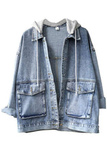 Load image into Gallery viewer, Beautiful Light Denim hooded Pockets Button Fall Long sleeve Coat