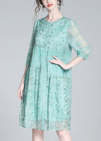 Beautiful Light Green O-Neck Embroideried Button Long Dresses Summer
