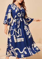 Beautiful Navy Blue V Neck Print Tie Waist Silk Long Dress Long Sleeve