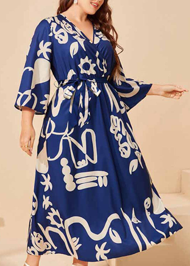 Beautiful Navy Blue V Neck Print Tie Waist Silk Long Dress Long Sleeve