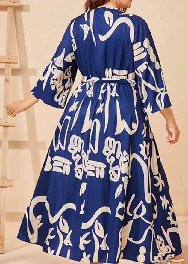 Beautiful Navy Blue V Neck Print Tie Waist Silk Long Dress Long Sleeve