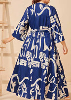 Beautiful Navy Blue V Neck Print Tie Waist Silk Long Dress Long Sleeve