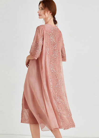 Beautiful Pink Embroideried Patchwork Chiffon Dress Half Sleeve