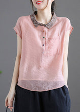 Load image into Gallery viewer, Beautiful Pink Peter Pan Collar Patchwork Button Linen Short Sleeve