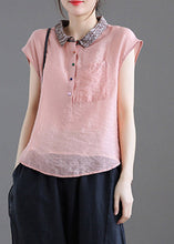 Load image into Gallery viewer, Beautiful Pink Peter Pan Collar Patchwork Button Linen Short Sleeve