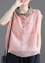 Load image into Gallery viewer, Beautiful Pink Peter Pan Collar Patchwork Button Linen Short Sleeve