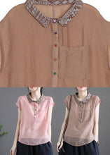 Load image into Gallery viewer, Beautiful Pink Peter Pan Collar Patchwork Button Linen Short Sleeve
