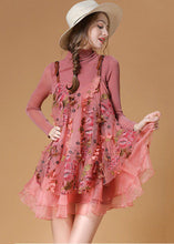 Load image into Gallery viewer, Beautiful Pink Turtle Neck Embroideried Organza Two Pieces Set Spring